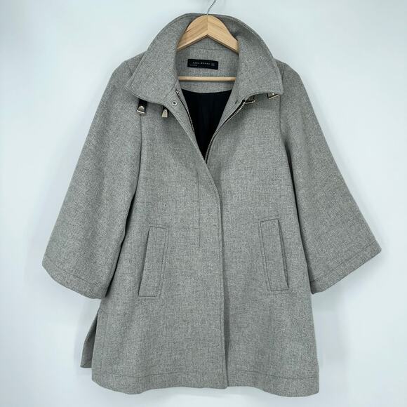 ZARA Wool Blend Cape Coat Buckle Poncho Jacket Funnel Neck Gray - Picture 6 of 13